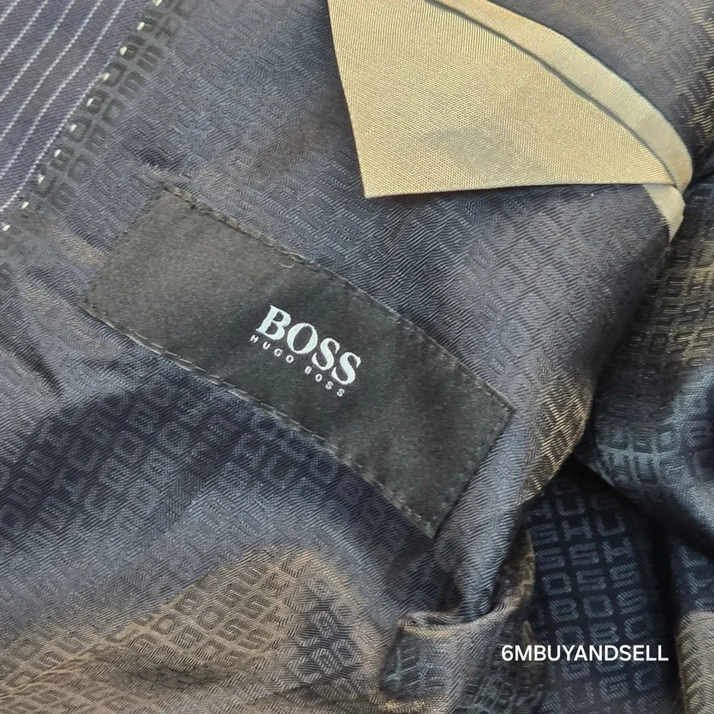 Hugo Boss Pasini2 Movie2 Mens 46L Navy Blue Pinstripe Virgin Wool Suit Jacket